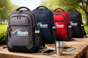 Promotional backpacks on display outdoors